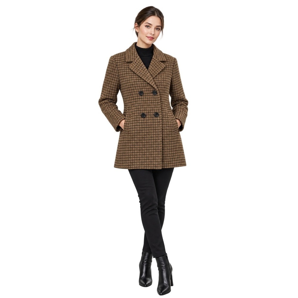 Zara Pea Coat Brown Tweed Check Womens Size 11/12 Double Breasted Notched Jacket